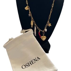 NWT Oshena Fortuna Charm Necklace 18K Gold Plated Freshwater Pearl $180